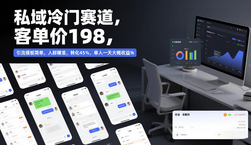私域冷门赛道，客单价198，引流模板简单，人群精准，转化45%，单人一天大概收益1k-乐码云集