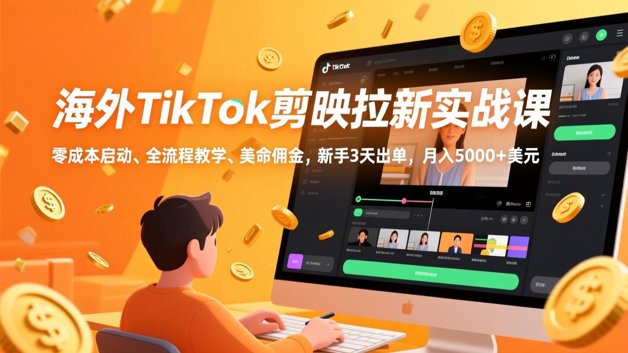 海外TikTok剪映拉新实战课，零成本启动、全流程教学、美金佣金，新手3天出单，月入5000+美元-乐码云集