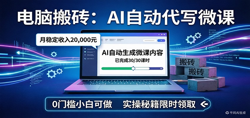 电脑搬砖AI自动代写微课，月稳定2W，0门槛小白可做，实操秘籍-乐码云集