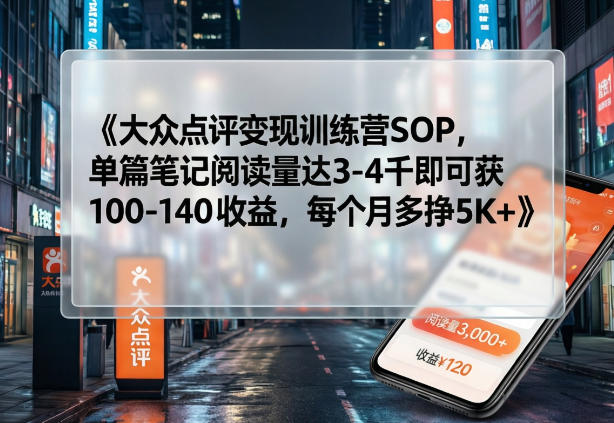 大众点评变现训练营SOP，单篇笔记阅读量达3-4千即可获100-140收益，每个月多挣5K+-乐码云集