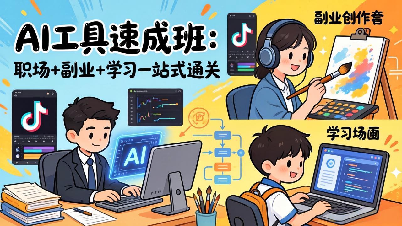 AI工具速成班：职场+副业+学习一站式通关，20+爆款类型+剪映技巧+抖音算法，0基础快速上手-乐码云集