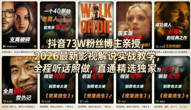 抖音73W粉丝博主亲授，2026最新影视解说实战教学，全程听话照做，直通精选独家-乐码云集