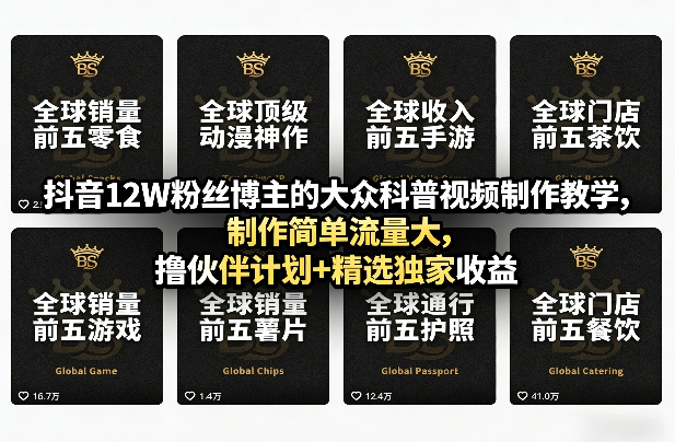 抖音12W粉丝博主的大众科普视频制作教学，制作简单流量大，撸伙伴计划+精选独家收益-乐码云集