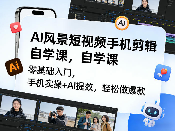 AI风景短视频手机剪辑自学课，零基础入门，手机实操+AI提效，轻松做爆款-乐码云集