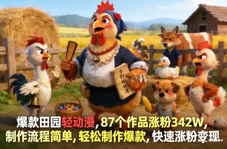 爆款田园轻动漫，87个作品涨粉342W，制作流程简单，轻松制作爆款，快速涨粉变现-乐码云集