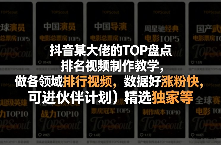 抖音某大佬的TOP盘点排名视频制作，做各领域排行视频，数据好涨粉快，可进伙伴计划＋精选独家等-乐码云集
