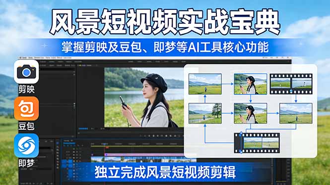 风景短视频实战宝典：掌握剪映及豆包、即梦等AI工具的核心功能，独立完成风景短视频剪辑-乐码云集
