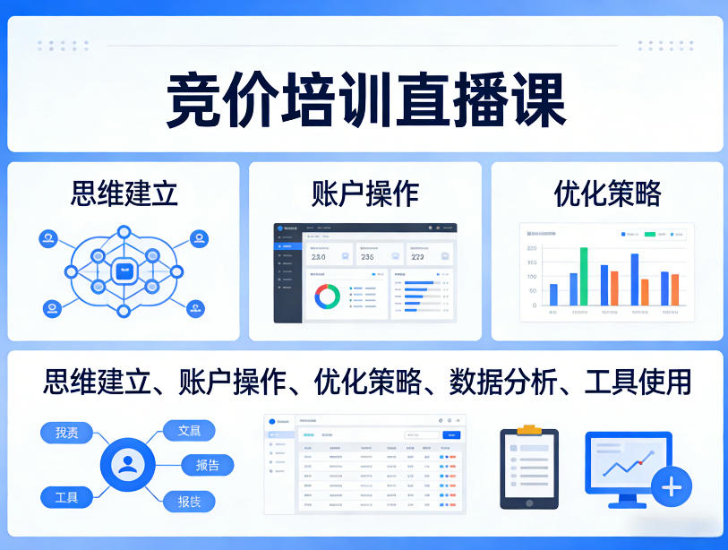 竞价培训直播课，覆盖思维建立、账户操作、优化策略、数据分析、工具使用等，全方位提升效果-乐码云集