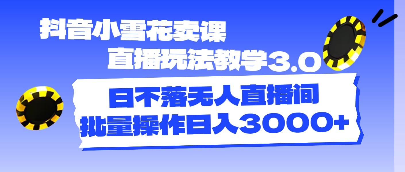 抖音小雪花卖课直播玩法教学3.0，日不落无人直播间，批量操作日入3000+-乐码云集
