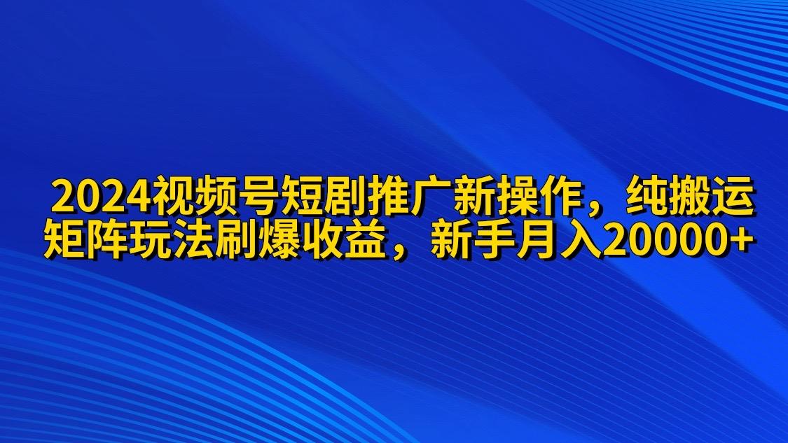 (9916期)2024视频号短剧推广新操作 纯搬运+矩阵连爆打法刷爆流量分成 小白月入20000-乐码云集
