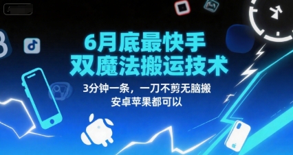 6月底最新快手双魔法搬运技术，3分钟一条，一刀不剪无脑搬，安卓苹果都可以-乐码云集