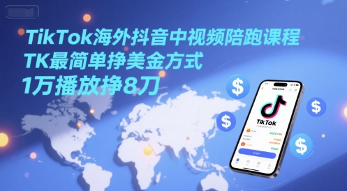 TikTok海外抖音中视频陪跑课程，TK最简单挣美金方式，1万播放挣8刀-乐码云集