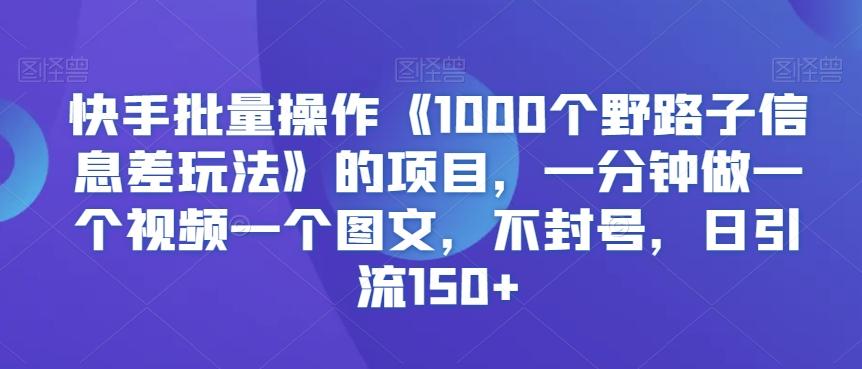 快手批量操作《1000个野路子信息差玩法》的项目，一分钟做一个视频一个图文，不封号，日引流150+【揭秘】-乐码云集