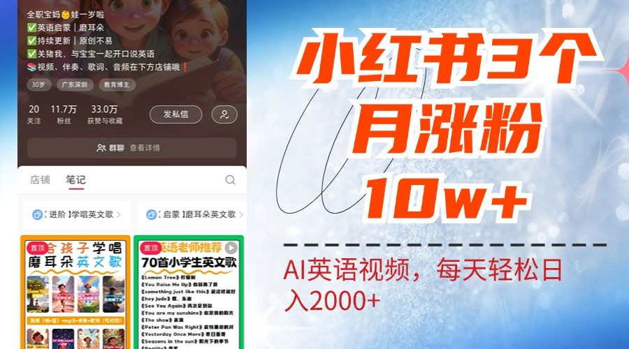 小红书三个月涨粉10W，AI英语视频0成本制作，每天轻松日入2000+-乐码云集
