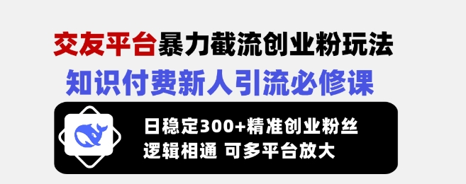 交友平台暴力截流创业粉玩法，知识付费新人引流必修课，日稳定300+精准创业粉丝，逻辑相通可多平台放大-乐码云集