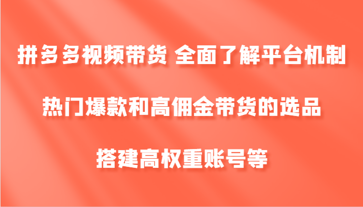 拼多多视频带货 全面了解平台机制、热门爆款和高佣金带货的选品，搭建高权重账号等-乐码云集