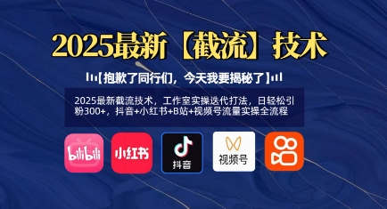 2025最新截流技术，工作室实操迭代打法，日轻松引粉300+，抖音+小红书+B站+视频号流量实操全流程-乐码云集