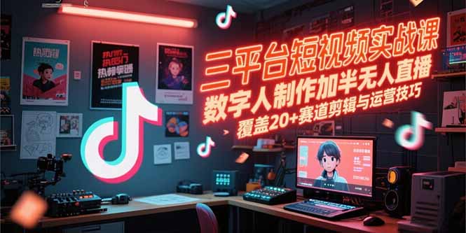 三平台短视频实战课，数字人制作加半无人直播，覆盖20+赛道剪辑与运营技巧-乐码云集