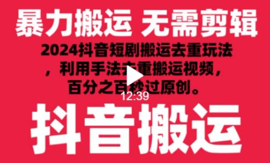 2024最新抖音搬运技术，抖音短剧视频去重，手法搬运，利用工具去重，达到秒过原创的效果【揭秘】-乐码云集