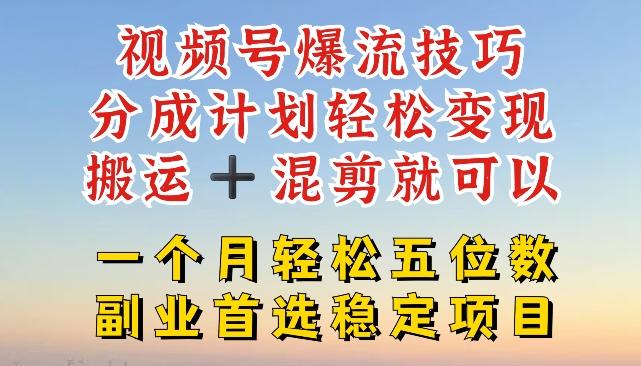 视频号爆流技巧，分成计划轻松变现，搬运 +混剪就可以，一个月轻松五位数稳定项目【揭秘】-乐码云集