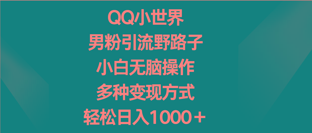 QQ小世界男粉引流野路子,小白无脑操作,多种变现方式轻松日入1000+-乐码云集