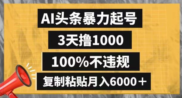 AI头条暴力起号，3天撸1000,100%不违规，复制粘贴月入6000＋【揭秘】-乐码云集
