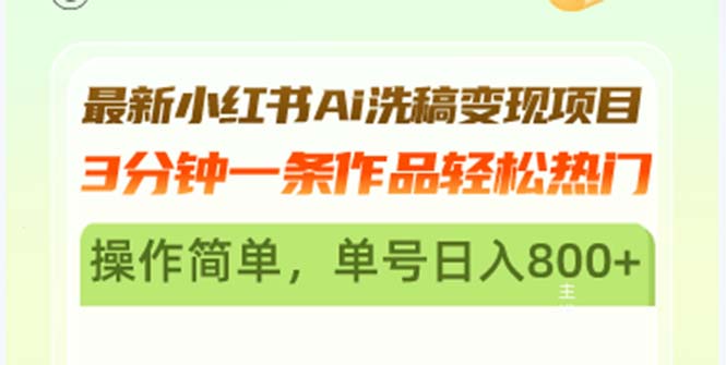 最新小红书Ai洗稿变现项目 3分钟一条作品轻松热门 操作简单，单号日入800+-乐码云集
