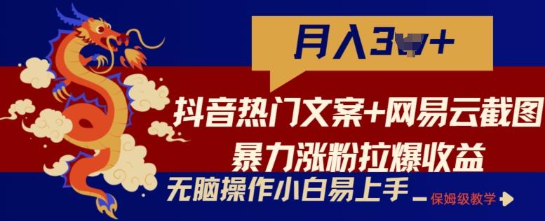 抖音热门文案+网易云截图暴力涨粉拉爆收益玩法，小白无脑操作，简单易上手【揭秘】-乐码云集