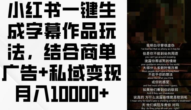 小红书一键生成字幕作品玩法，结合商单广告+私域变现月入1w+【揭秘】-乐码云集