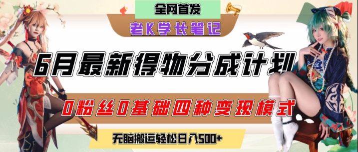 6月份最新得物创作者分成计划2.0玩法，0粉丝0基础四种模式变现，从隐蔽渠道无脑搬运，日入2张-乐码云集