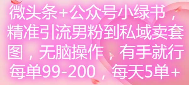 微头条+公众号小绿书，精准引流男粉到私域卖套图，无脑操作，有手就行，每单99-200，每天5单-乐码云集